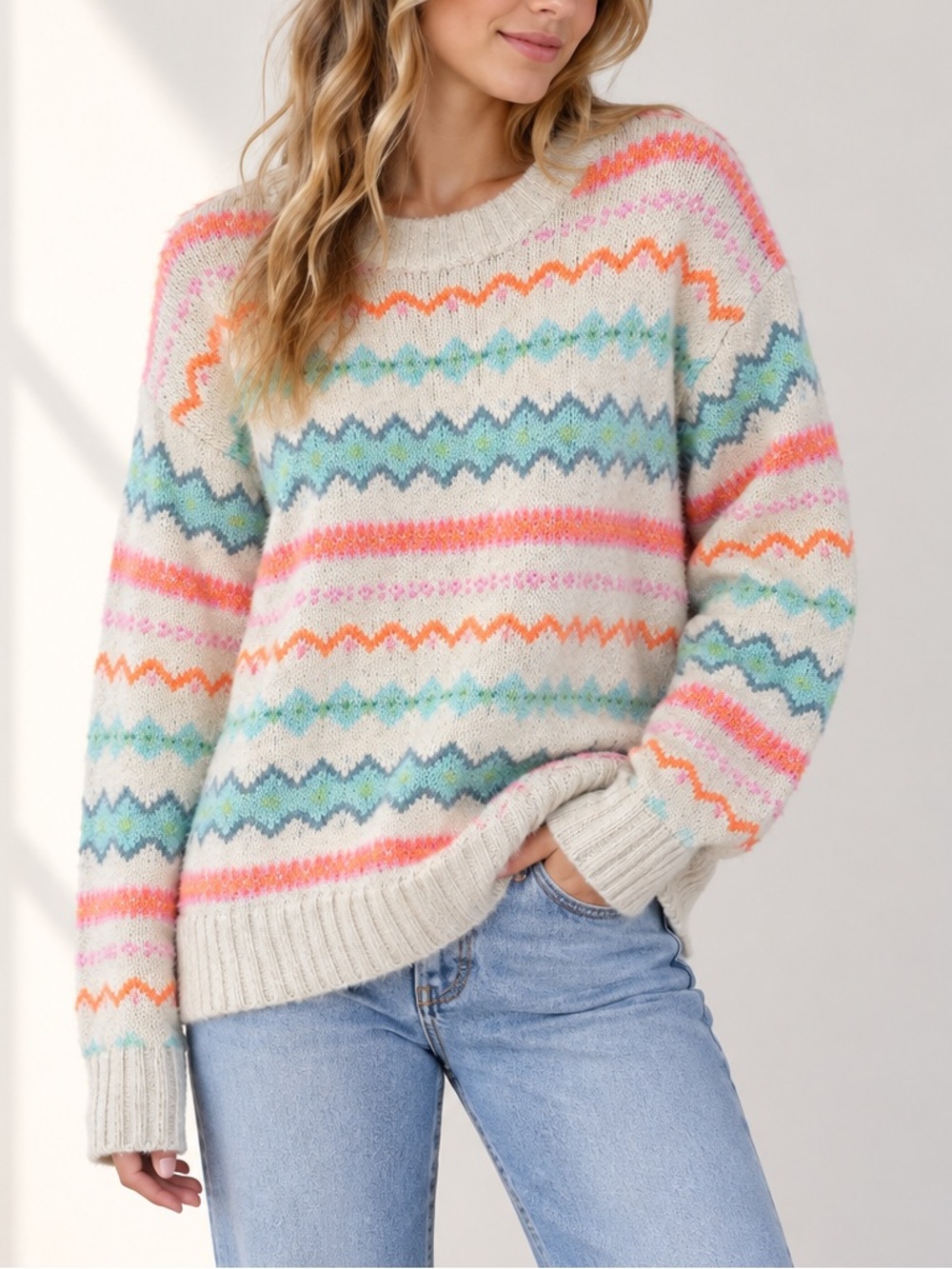 American Eagle Fair Isle Sweater Medium Cream Multicolor Cozy Nordic Oversized